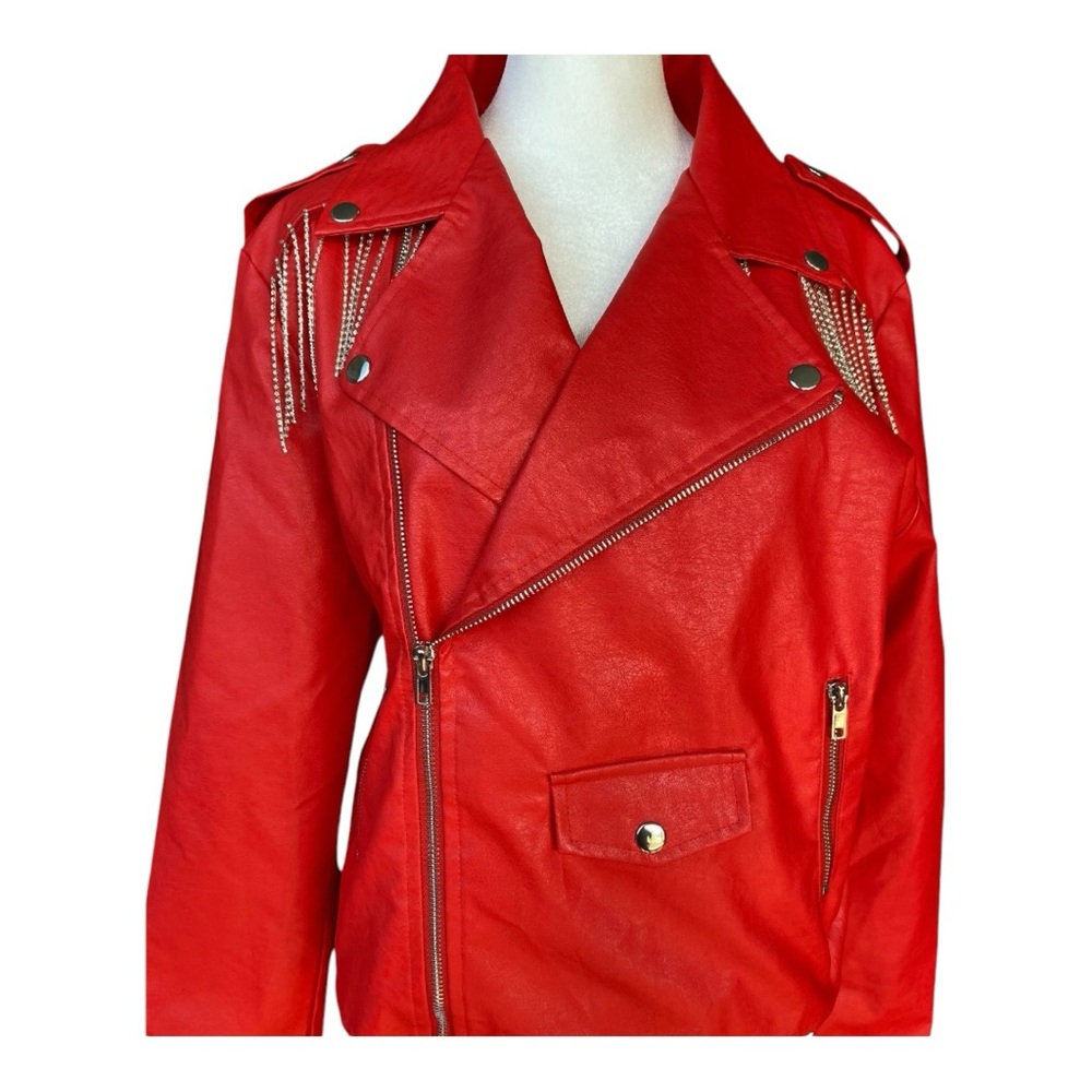 SIGNATURE EIGHT Women’s Polyester Red Zip Biker Jacket Silver Fringe Sz L